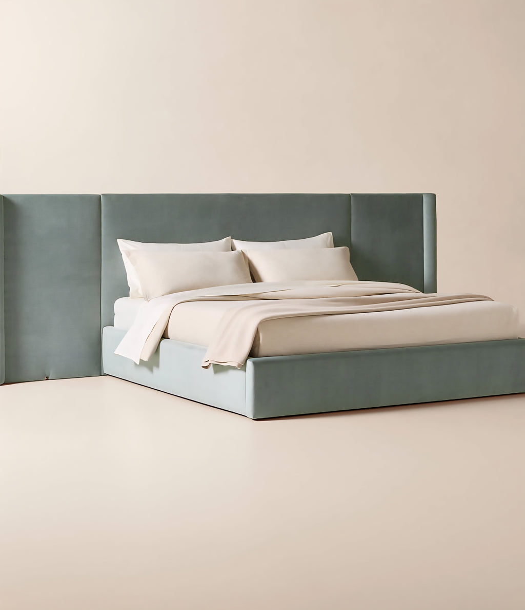 THE ONE × Abbott — Arctic Blue Velvet Upholstered Extended King Platform Bed