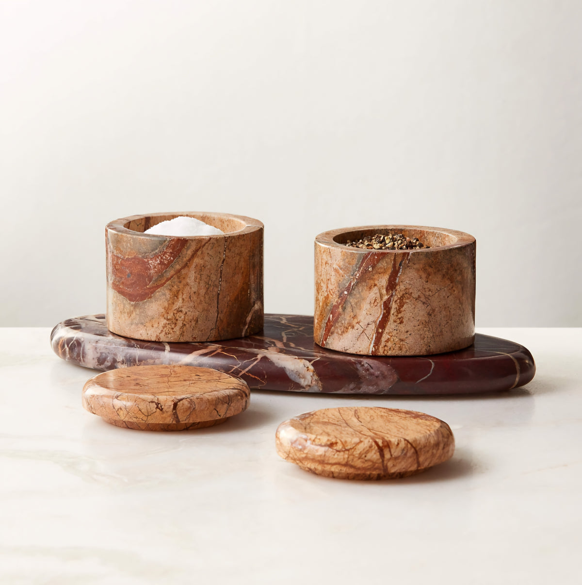 THE ONE × Zetes — Tan and Red Marble Salt Cellars, Set of 3